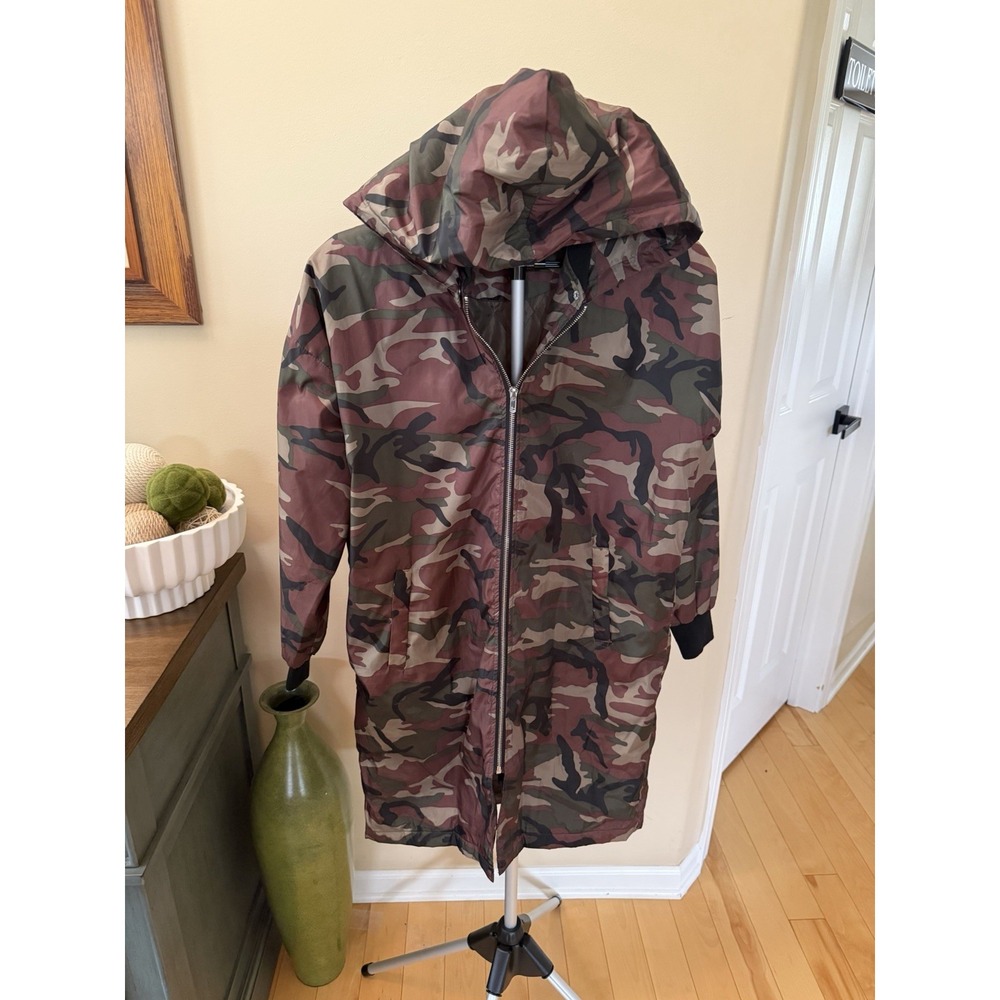 B-Sharp Womens Small Camo Long Hooded Jacket Camouflage Windbreaker Oversized